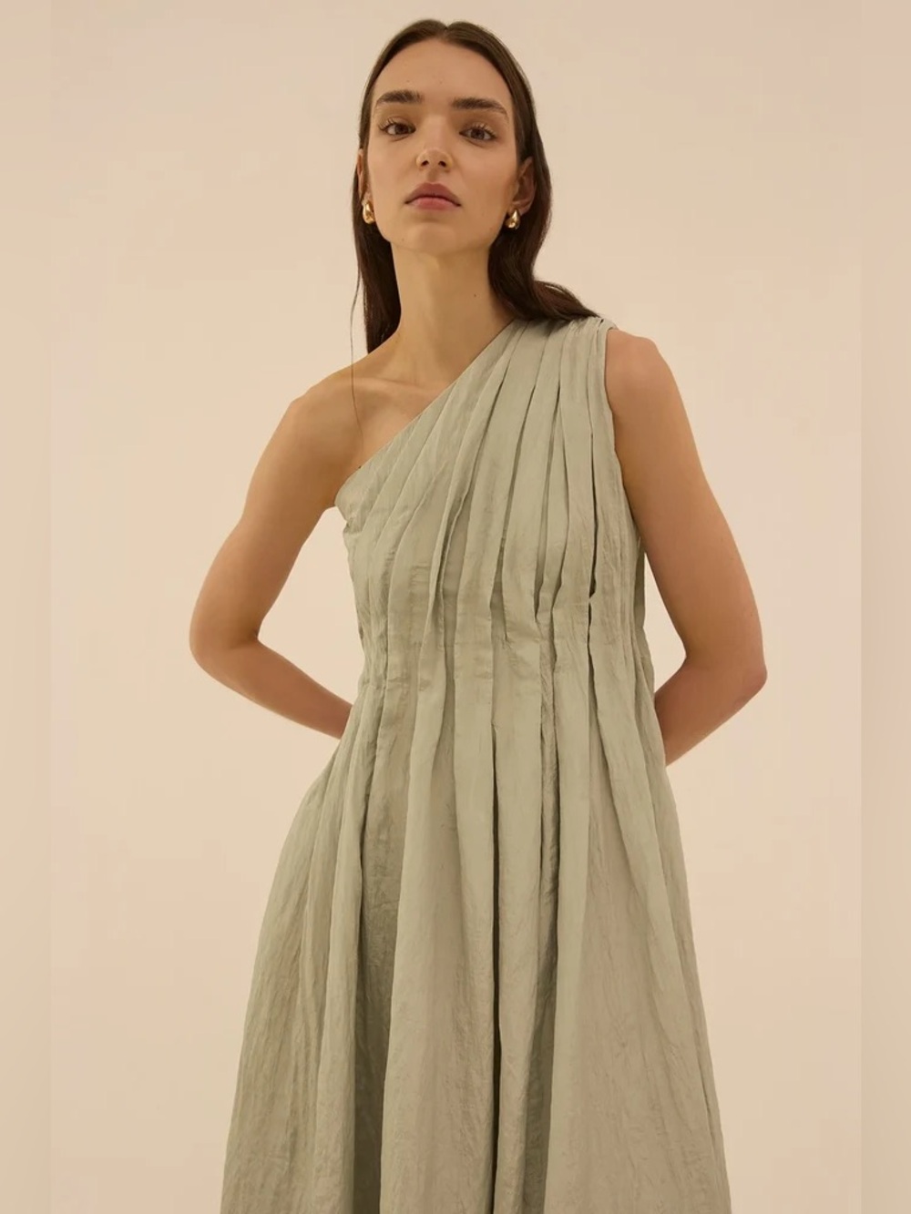 ABADIA One Shoulder Asymmetric Crinkled Pleated Light Khaki Sage Green 4 NWT